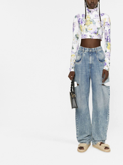 Off-white High Neck Crop Top With Floral Print In Green