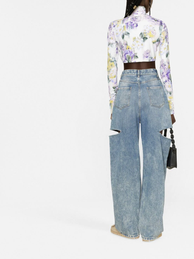 Off-white High Neck Crop Top With Floral Print In Green