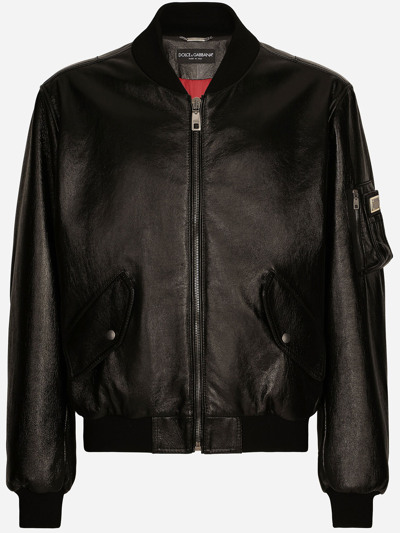 Shop Dolce & Gabbana Black Leather Bomber Jacket