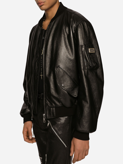 Shop Dolce & Gabbana Black Leather Bomber Jacket