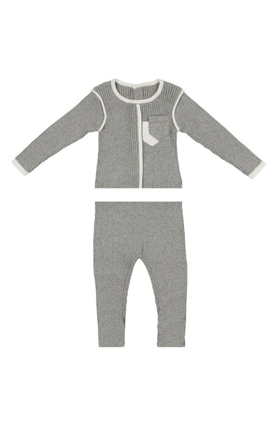 Shop Maniere Rib Contrast Detail Cotton Knit Top & Pants Set In Heather Grey
