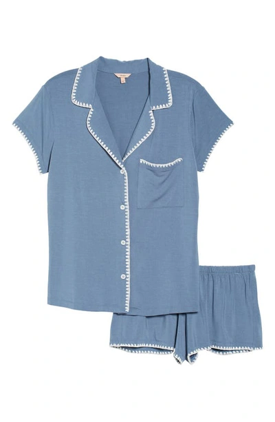 Shop Eberjey Frida Whipstitch Jersey Knit Short Pajamas In Coastal Blue/ Ivory