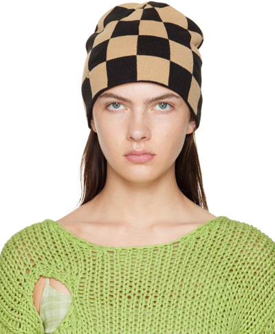 Shop Theopen Product Beige & Black Chessboard Check Beanie