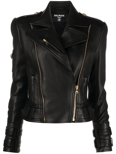 Shop Balmain Zipped Leather Jacket In Black
