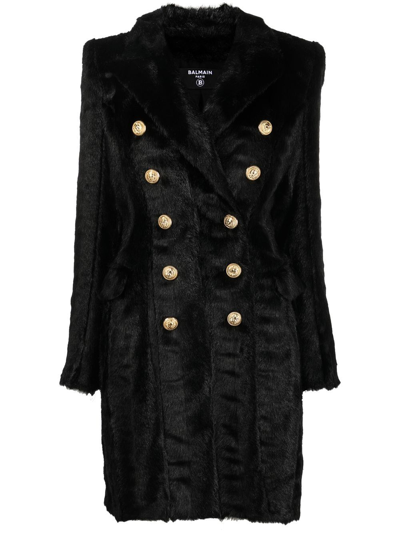 Shop Balmain Double-breasted Shearling Coat In Black
