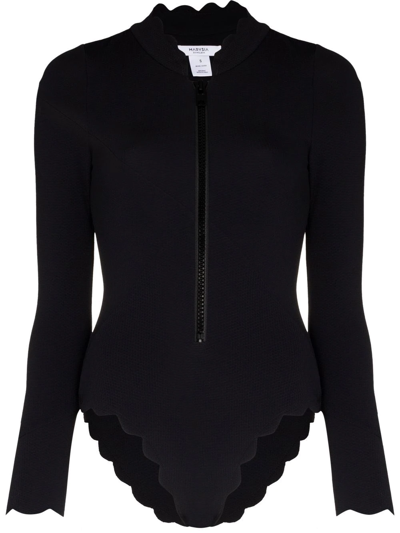 Shop Marysia Scallop-edge Long-sleeve Swimsuit In Black