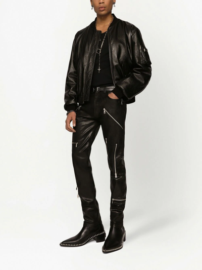 Dolce & Gabbana Black Leather Blouson Full Zip Bomber Jacket In Black