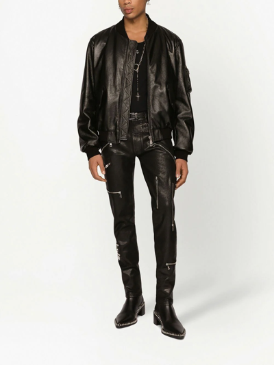 Dolce & Gabbana Black Leather Blouson Full Zip Bomber Jacket In Black
