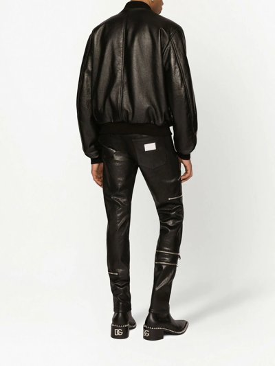 Dolce & Gabbana Black Leather Blouson Full Zip Bomber Jacket In Black