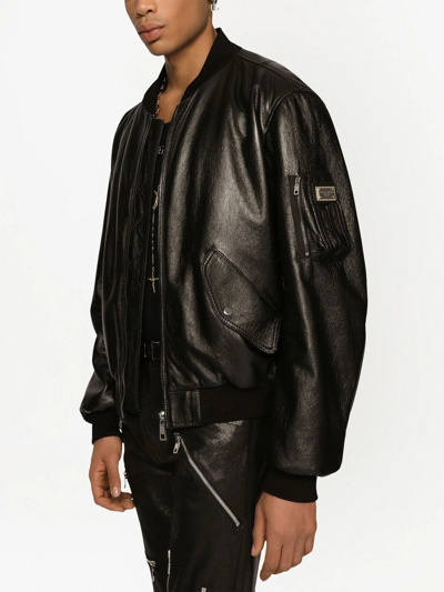 Dolce & Gabbana Black Leather Blouson Full Zip Bomber Jacket In Black