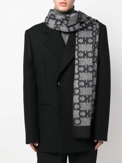 Ferragamo Gancini-pattern Knitted Scarf In Grey