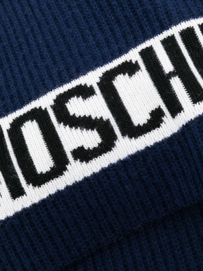 Shop Moschino Logo-intarsia Ribbed Scarf In Blue