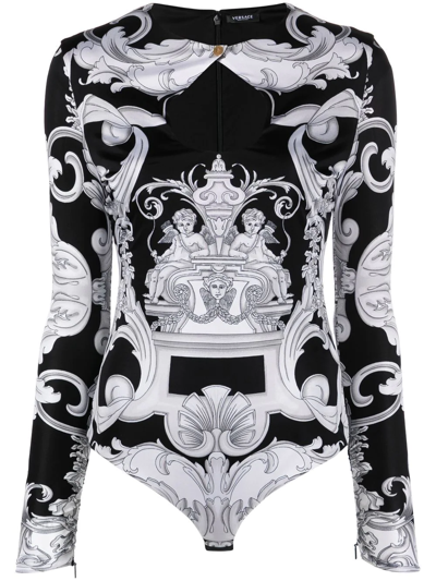 Shop Versace Barocco-print Cut-out Bodysuit In Black