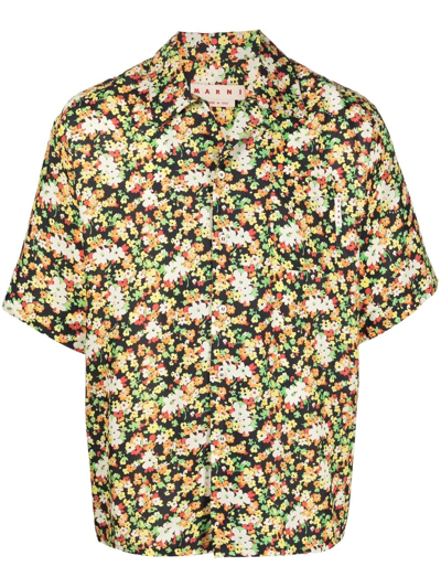 Shop Marni Floral Short-sleeve Shirt In Black