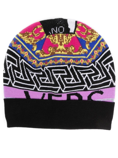 Shop Versace Intarsia-knit Beanie In Black