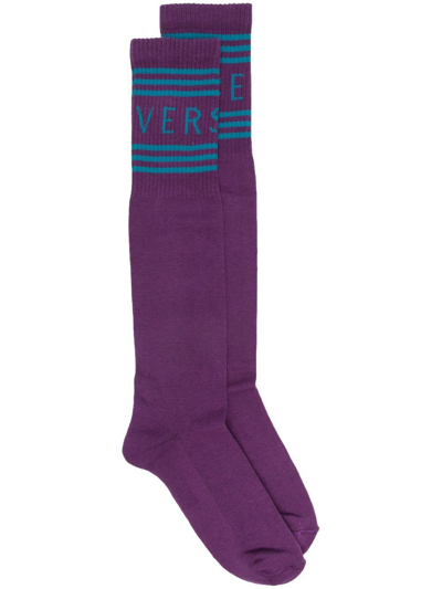 Shop Versace Logo-print Long Socks In Purple