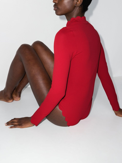 Shop Marysia Scallop-edge Long-sleeve Swimsuit In Red