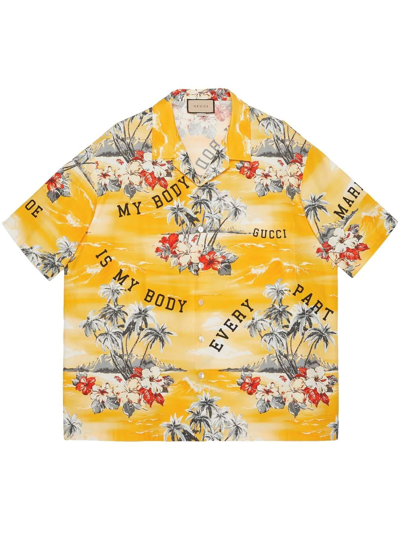 Shop Gucci Landscape-print Bowling Shirt In Yellow