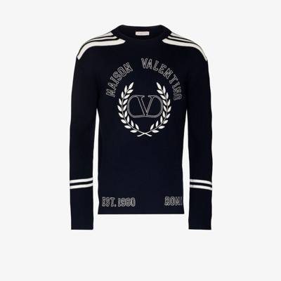 Shop Valentino Blue Logo Embroidered Wool Sweater