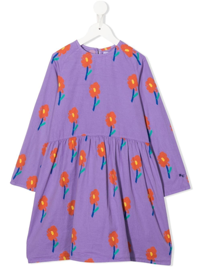 Shop Bobo Choses Flowers-print Long-sleeve Dress In Purple