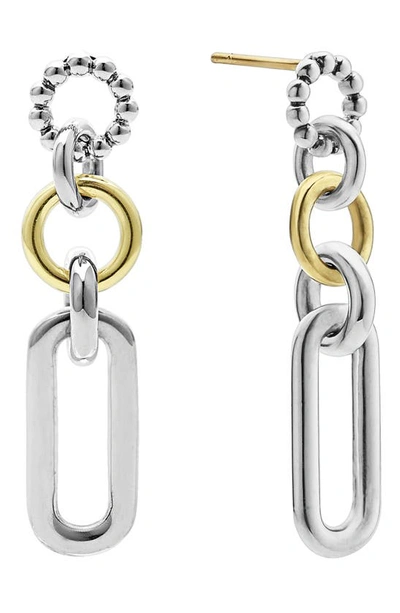 Lagos Sterling Silver And 18k Signature Caviar 3-part Circles And Oval Drop Earrings In Silver Gold