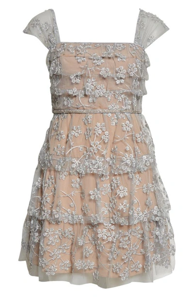 Shop Self-portrait Embroidered Blossom Tiered Minidress In Silver