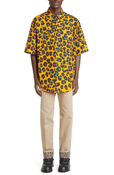 Shop Versace Leopard Print Short Sleeve Cotton Button-up Shirt In 5o010 Tangerine Multicolor