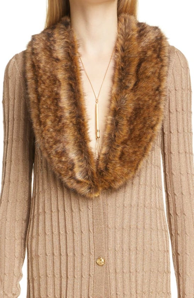 Shop Saint Laurent Cable Knit Cardigan Long Sleeve Sweater Dress With Faux Fur Trim In Dore/ Fauve