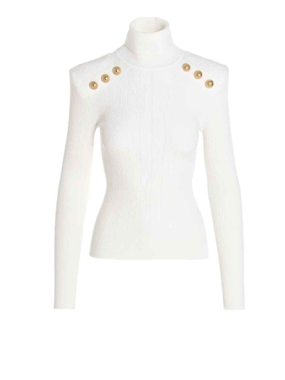 Shop Balmain Logo Button Ribbed Turtleneck Sweater In White