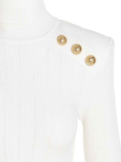 Shop Balmain Logo Button Ribbed Turtleneck Sweater In White