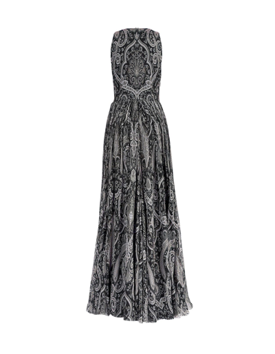 Shop Etro Long Dress In Black Silk Chiffon With Paisley Print In Nero