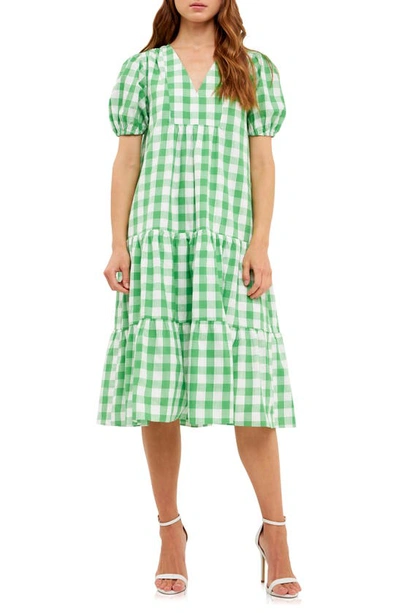 Shop English Factory Gingham Tiered Puff Sleeve Cotton Midi Dress In Green