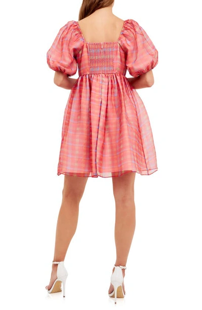 Endless Rose Checker Print Puff Sleeve Babydoll Minidress In Multi