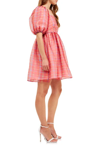 Endless Rose Checker Print Puff Sleeve Babydoll Minidress In Multi