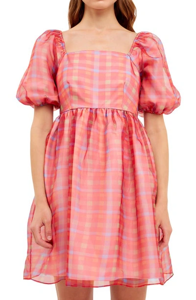 Endless Rose Checker Print Puff Sleeve Babydoll Minidress In Multi
