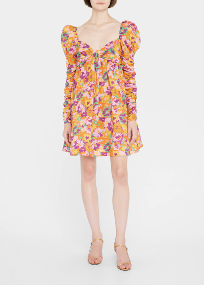 Shop Zimmermann Violet Floral Empire Mini Dress With Ruched Sleeves In Mustard Multi Flo