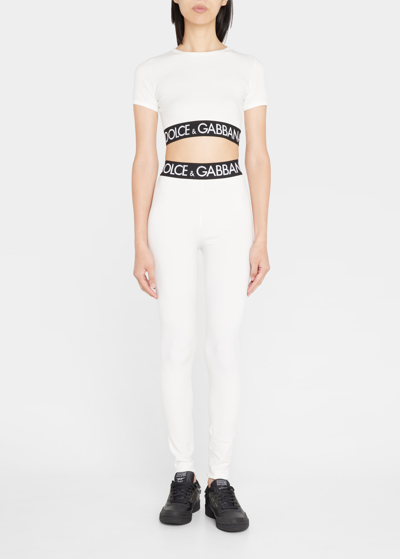 Shop Dolce & Gabbana Short-sleeve Branded Elastic Cotton Crop Top In White