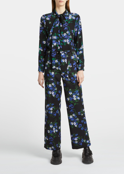 Shop Plan C Floral Print Wide-leg Trousers In Anemone Blue