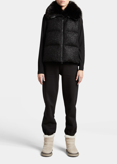Shop Moncler Carrelet Fur-collar Tweed Vest In Black
