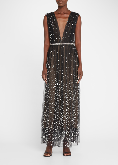 Shop Marchesa Plunging Pearlescent Beaded Tulle Illusion Gown In Black