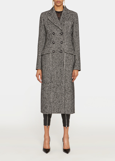Shop Dolce & Gabbana Houndstooth Double-breasted Long Wool Coat In Chk-whtblk