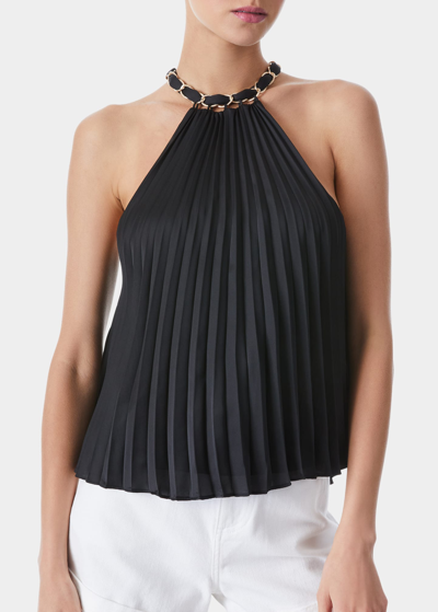 Shop Alice And Olivia Alycia Pleated High-neck Chain Top In Black