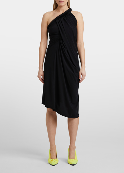 Shop Jw Anderson Ruched One-shoulder Asymmetric Midi Dress In Black
