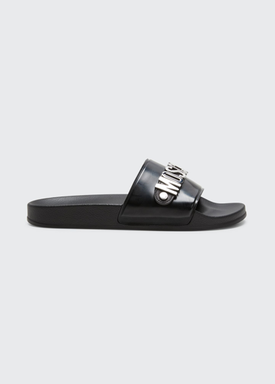 Shop Moschino Men's Rubber Pool Slide Sandals W/ Metal Logo In Black Multi