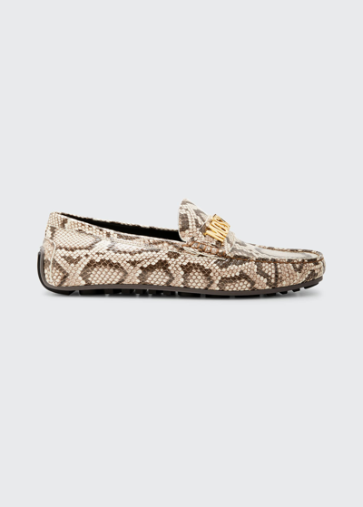 Shop Moschino Men's Embossed Leather Logo Driving Loafers In Beige