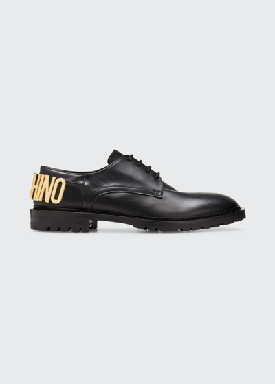 Shop Moschino Men's Lug-sole Leather Oxfords In Black