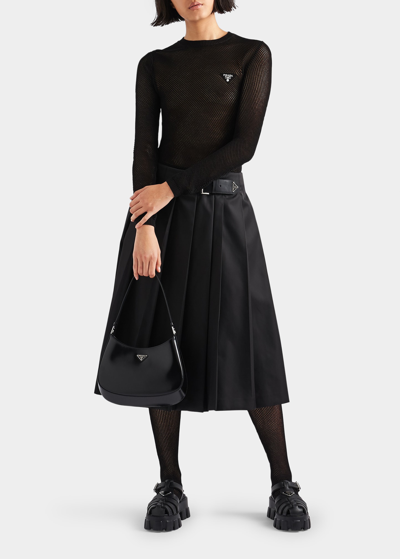 Shop Prada Recycled Nylon Pleated Belted Midi Skirt In F0002 Nero