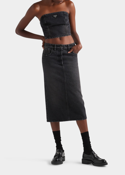 Shop Prada Denim Washed Straight Midi Skirt In F0557 Black