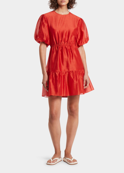 Shop Sir Lucelia Puff-sleeve Silk-cotton Mini Dress In Red