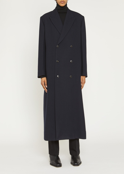 Shop Quira Extra Long Double-breasted Wool Overcoat In Navy Blue